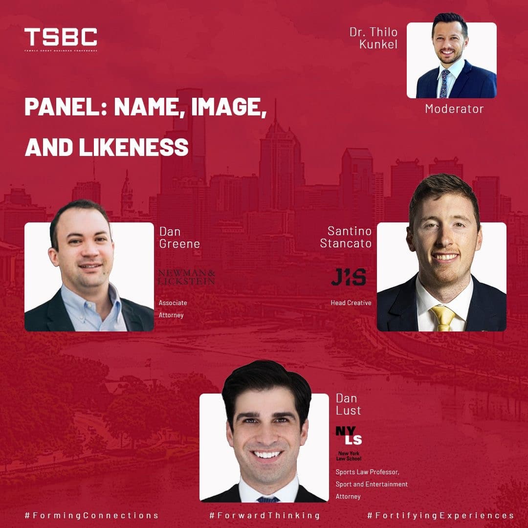Ad showing Daniel Greene and three others on the Panel for NIL at Temple Sports Business Conference