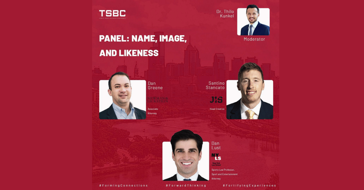 Ad showing Daniel Greene and three others on the Panel for NIL at Temple Sports Business Conference