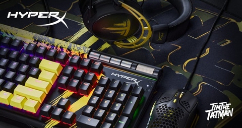 TimTheTatMan HyperX limited black and yellow keyboard, headphones, mouse, and mouse pad